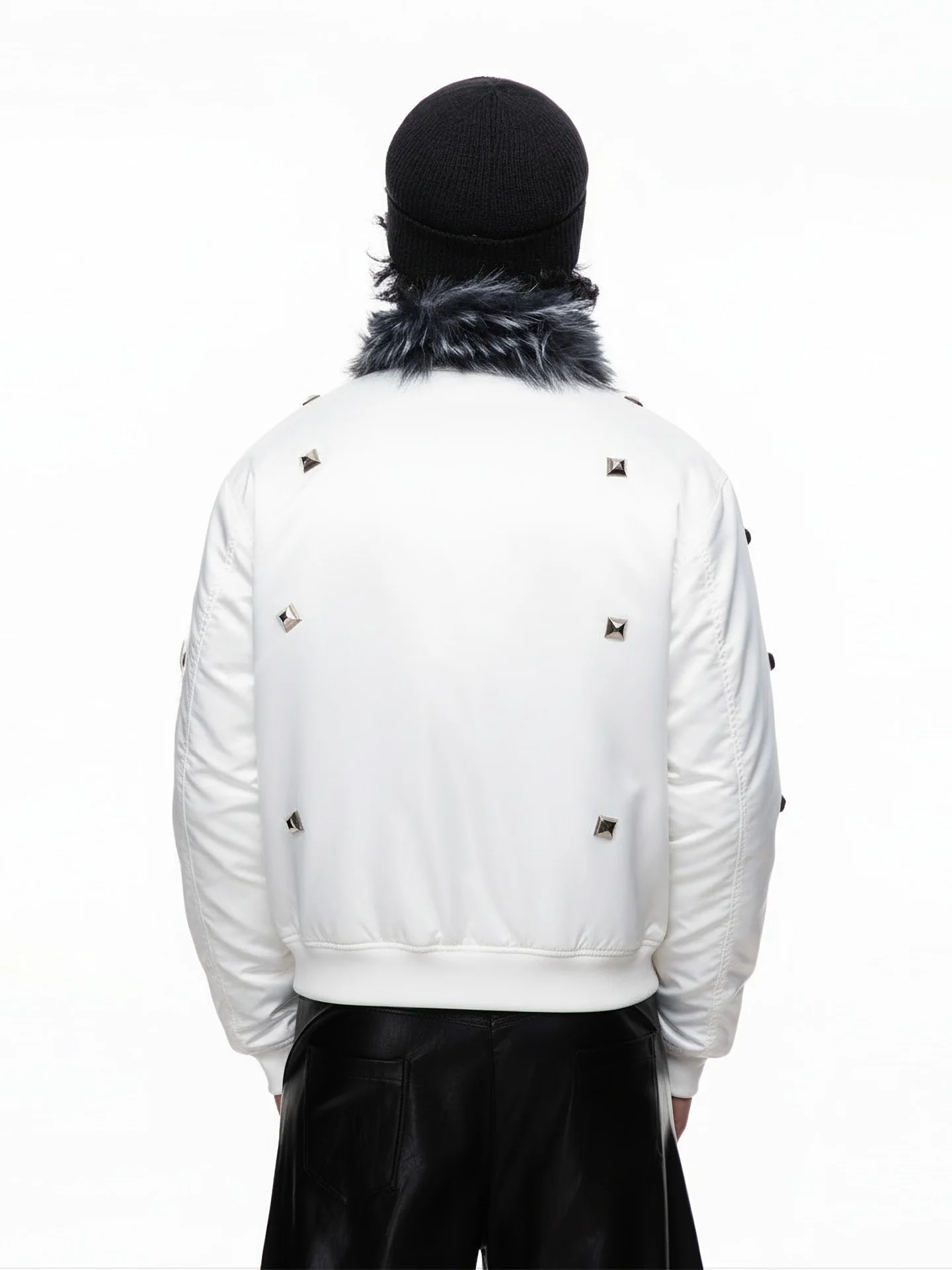 Winter American High Street Short Black Fur Collar Cotton Jacket Men's Punk Style Rivet Thickened White Navy Blue Coat