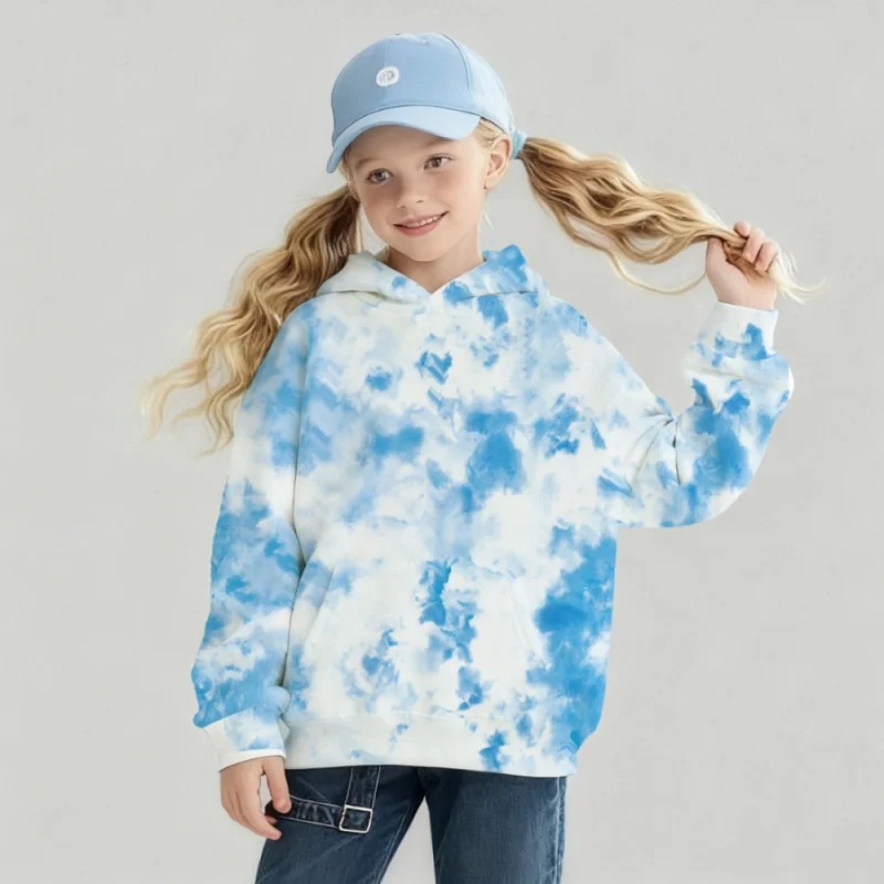 

2025 Trendy Girls Tie Dye Hoodie - Blue & White Cloud Print Pullover Sweatshirt | Casual Cozy Fall/Spring Outfit for Kids