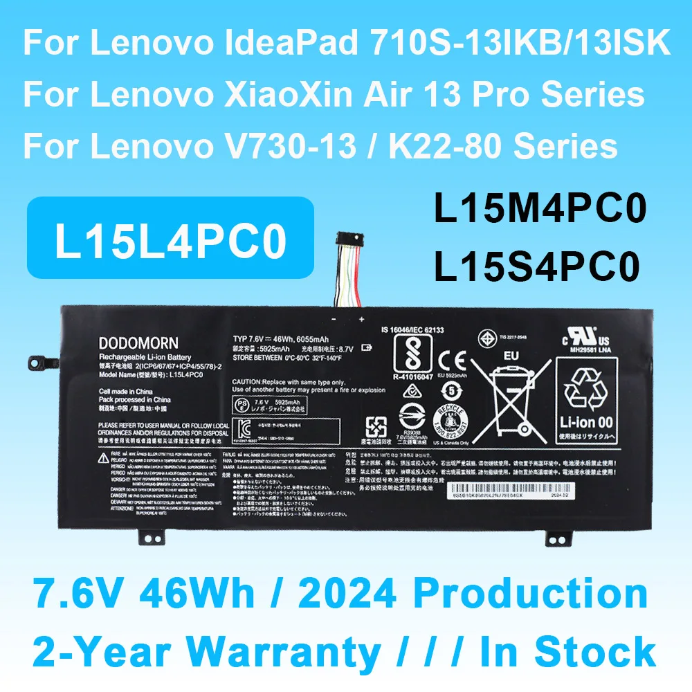 For Lenovo IdeaPad 710S-13IKB 710S-13ISK Xiaoxin Air 13 K22-80 Series L15L4PC0 L15M4PC0 Laptop Battery 7.6V 46Wh 6055mAh