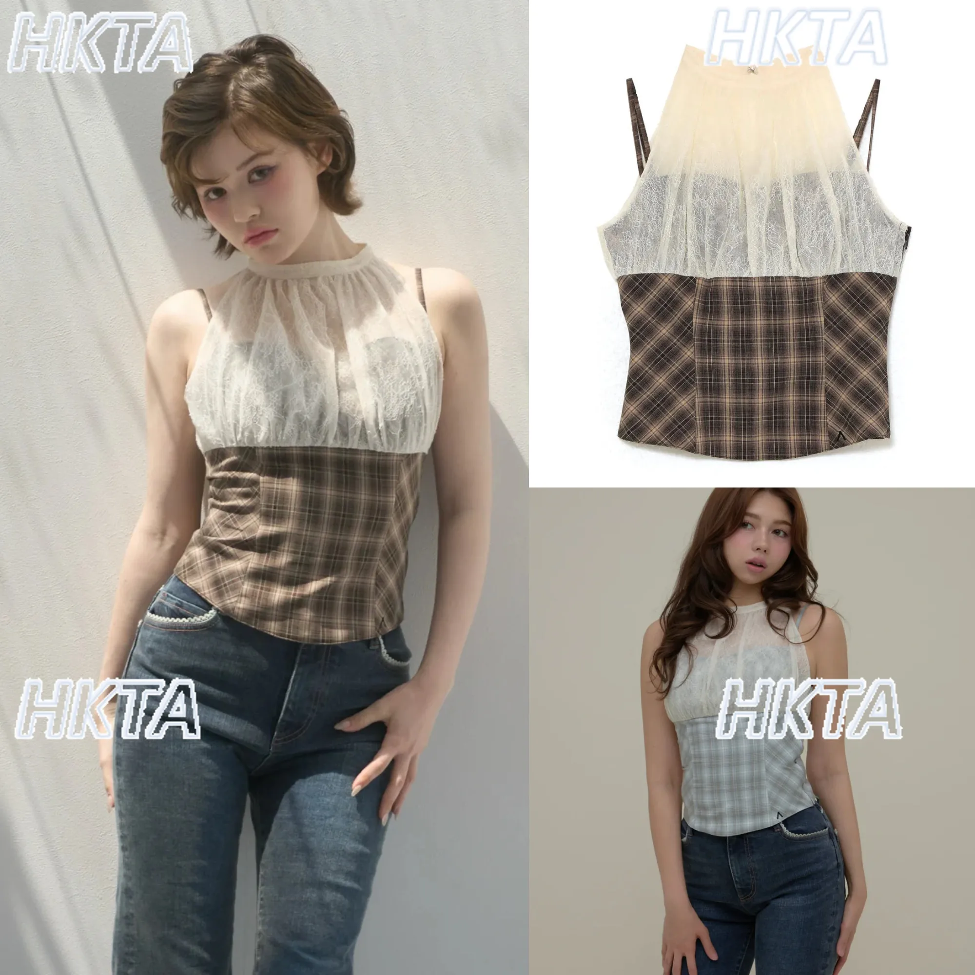 Japanese Niche Waist Slim Mesh Vest Girls Plaid Splicing Sleeveless Tshirt Camis Top Summer New Plaid Shirt Tops Women