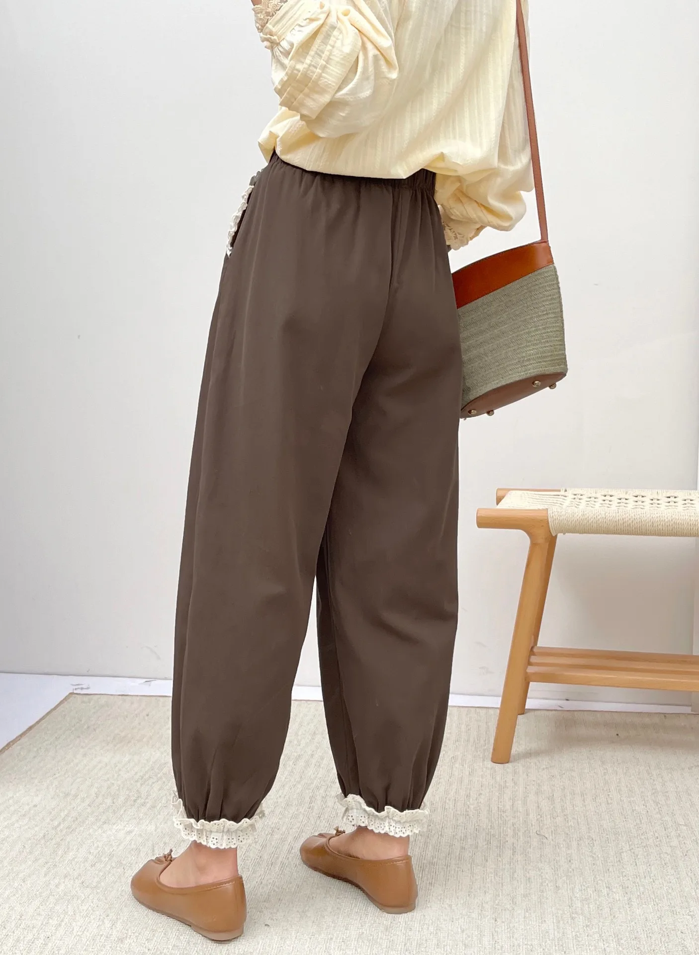 Nieuwe lente katoenen broek 2025, dames elastische taille zak ruches patchwork, Mori Girl OL vintage casual losse broek B53038CC