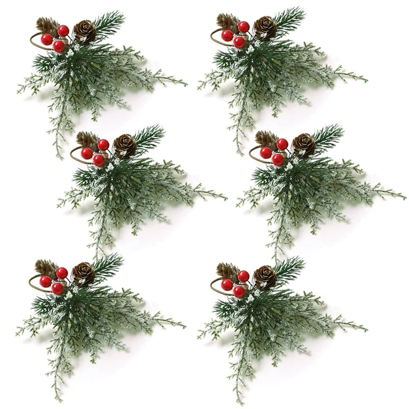 Christmas Napkin Rings Set of 6, Napkin Holder Rings with Artificial Pine Cones Branches Red Berry Decor