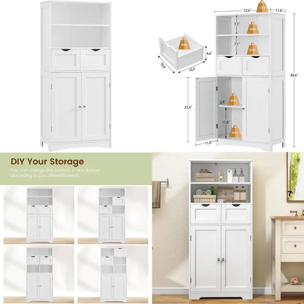 Iwell Tall Bathroom Cabinet, Storage Cabinet with 2 Drawers & Adjustable Shelves, Bathroom Storage Cabinet for Living Room, Dini