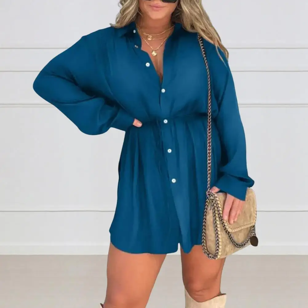 

Long Sleeve Dress Stylish Women's Lace-up Romper Dress with Single-breasted Design Tight Waist V Neck Elegant Solid for Ladies