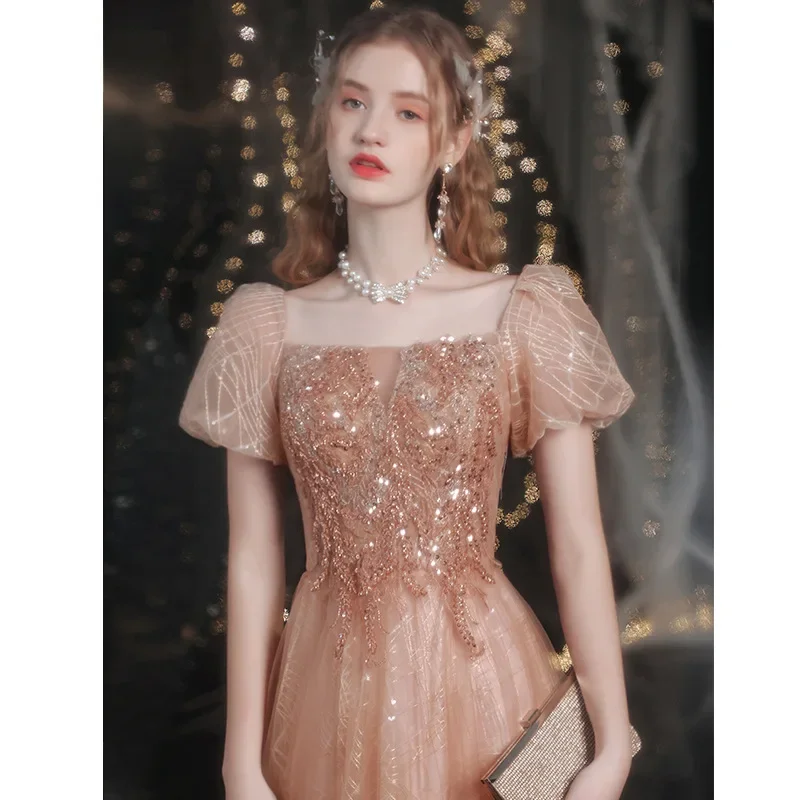 Party Dress 2024 Puff Sleeves Boat Neck Prom Long Elegant A Line Gold Tulle Formal Evening Women Prom Party Dress