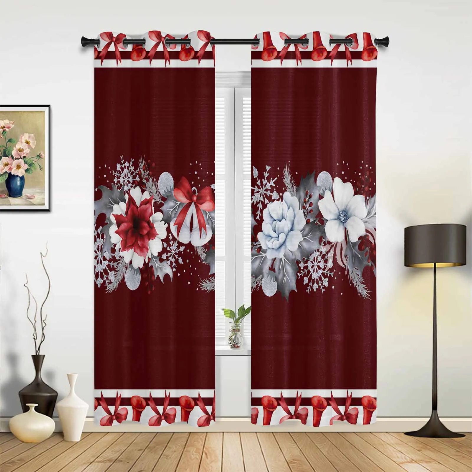 Christmas Bow Flower Bell Windows Curtains Living Room Luxury Decor Christmas Curtains Bedroom Kitchen Window Drapes