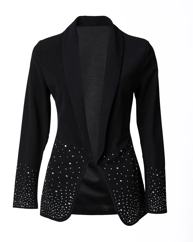 Women\'s Rhinestone Sequin Decoration Jacket Long Sleeved Shawl Collar Monochromatic Foldable Long Sleeve Suit