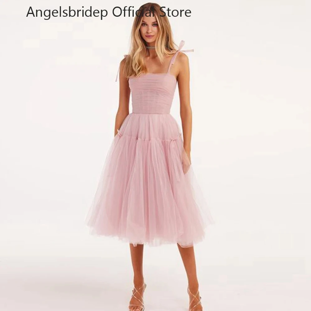 

Angelsbridep Straps Tulle Pink Prom Dresses Midi Vestidos De Graduación Pleat Tea-Length Formal Occasion Dresses Robes De Soirée