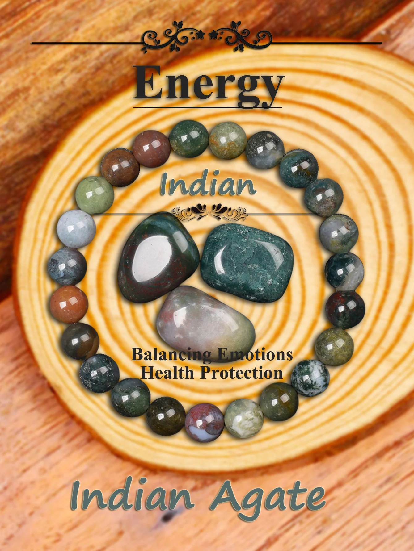 

Natural Stone Indian Agates Bead Bracelet for Energy Balance Protection Courage Emotional Stability Healing & Positive Jewelry