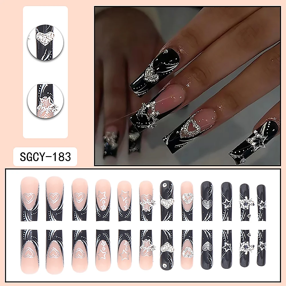 Y2K Sweet Cool Girl Black French Long Wear Nail Nail Patch Glitter Love Star Europe Dark Party Halloween Odpinany plaster paznokci