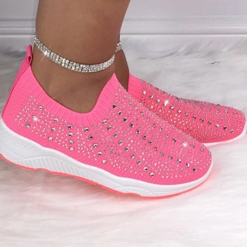 Knit Mesh Crystal Sneakers Women Comfortable Breathable Flats Shoes for Women 2022 Slip on Plus Size Casual Shoes Female