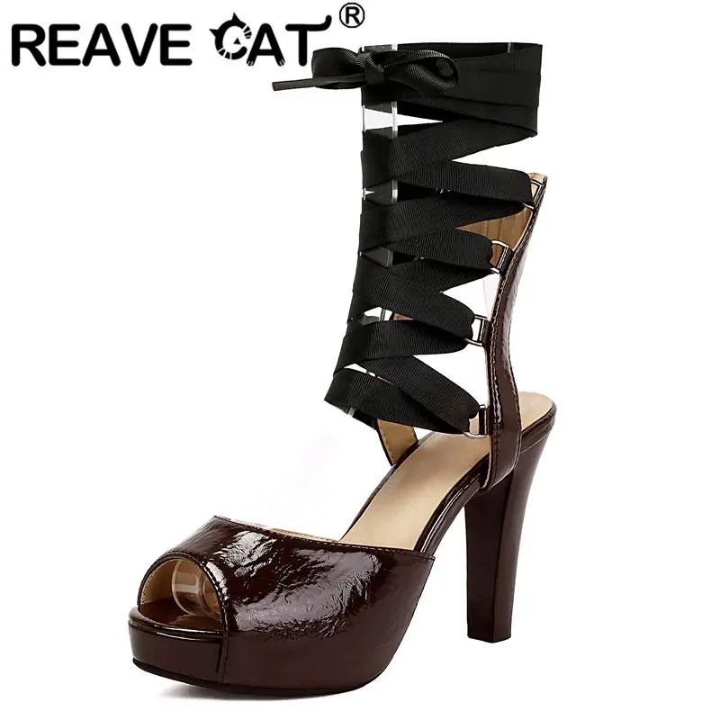 

REAVE CAT Brown Female Sandals Peep Toe 10cm Block High Heel 2cm Platform Lace Up Large Size 41 42 43 Sexy Dating Shoes Footwear