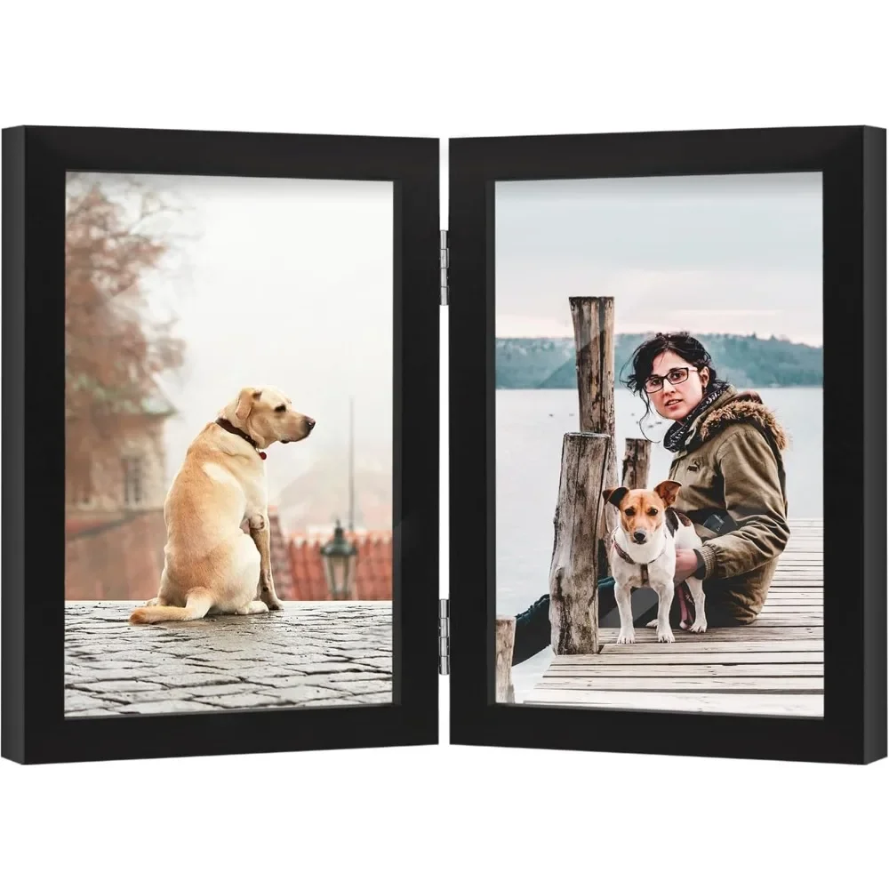 5x7 Double Picture Frame Wooden Hinged Photo Frame Definition Glass Stand Vertically on Desktop or Tabletop Black