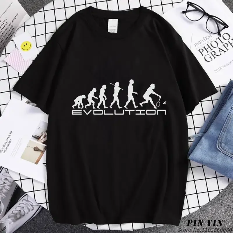 Badminton Sports  T-shirt Men Human Evolution Badminton Summer Short-sleev T Shirt balck white Tops Patter  Men Clothing