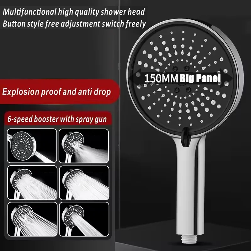 15CM Large Panel 6 Modes Pressurized Shower Head Multi-function Sprayer High Pressure Adjustable Filtered Bathroom Showerhead