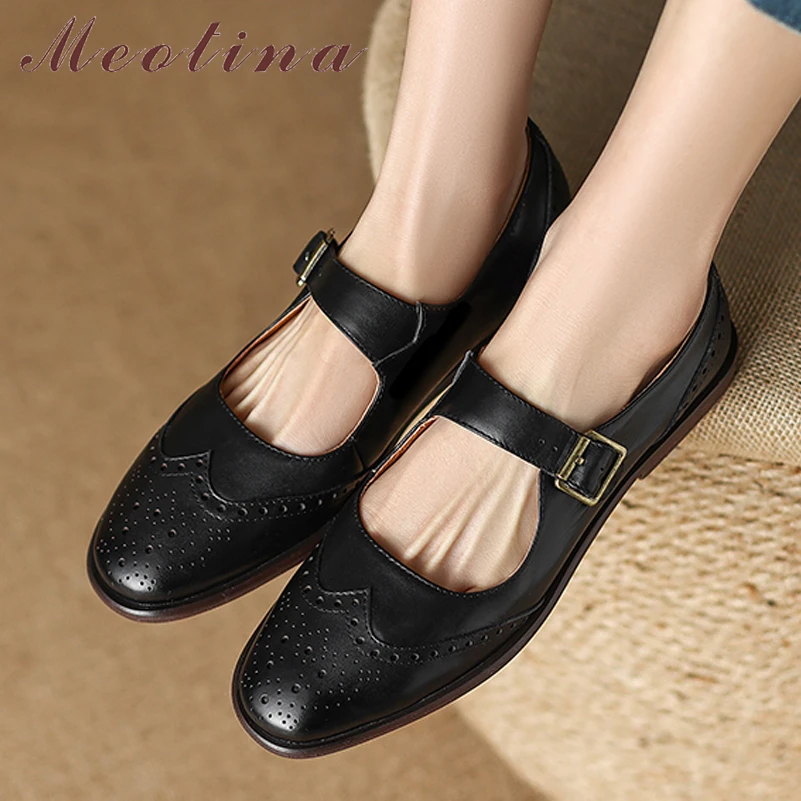 

Meotina Women Genuine Leather Brogue Shoes Round Toe Buckle Flats Ladies Hollow Fashion Casual Shoes Autumn Spring Black 43