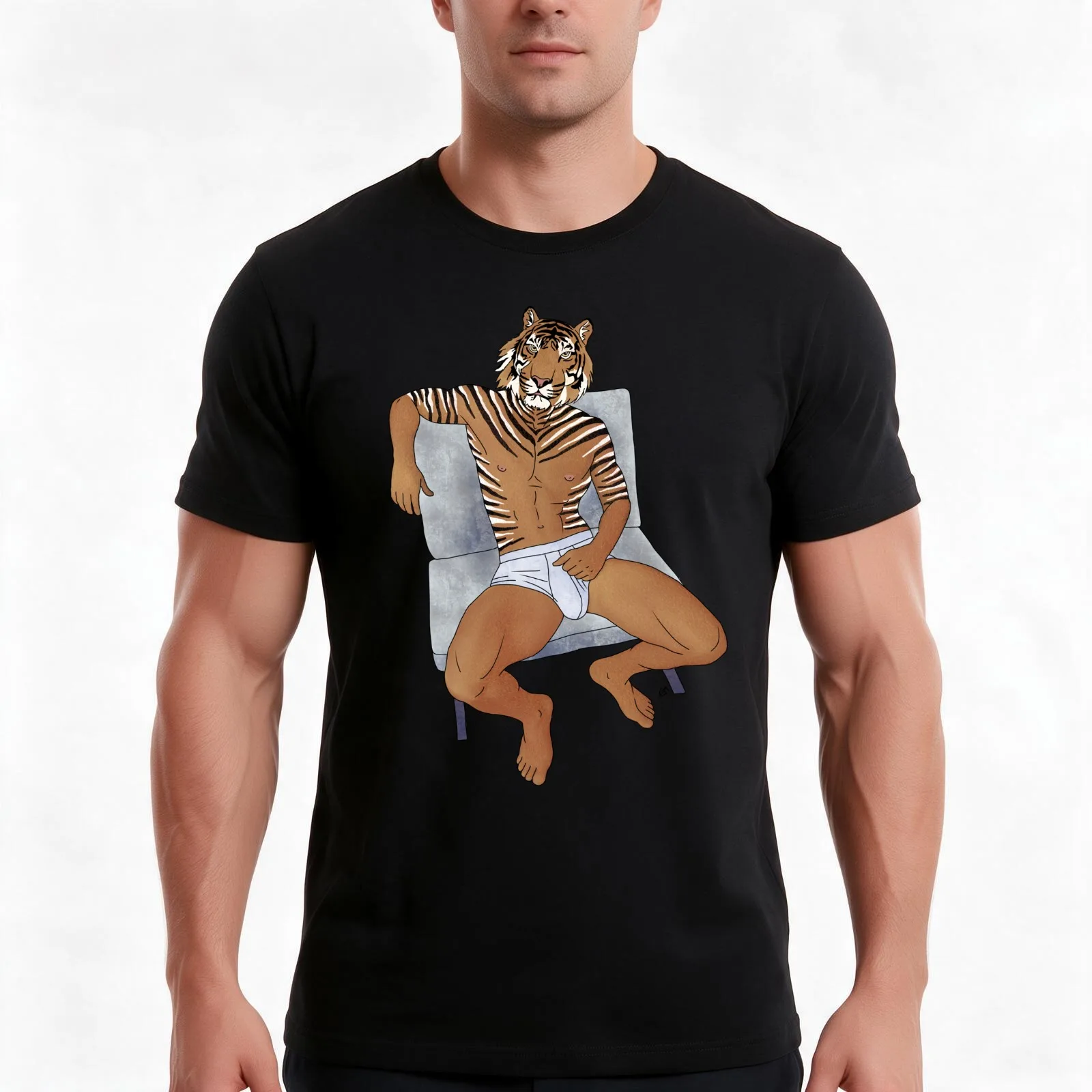 Tiger Man T-Shirt, Summer Casual Cotton Tee, Oversized Streetwear Tops, Vintage Graphic Print, Loose Fit Short Sleeve