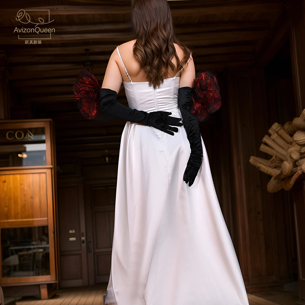 Guantes largos de satén negro con dedos para novia, adornos florales rojos para accesorios de boda para mujer con vestidos Vintage MM19