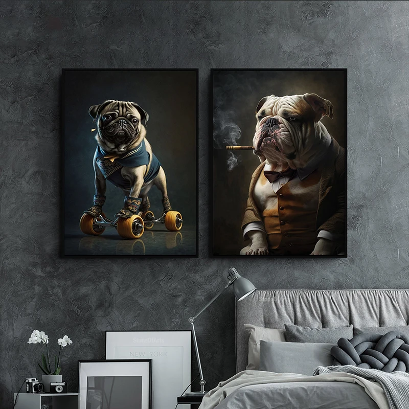Vintage Bulldog Smoking A Cigar with Horns Animal Art Poster Retro Canvas Painting And Print Picture for Living Room Home Decor