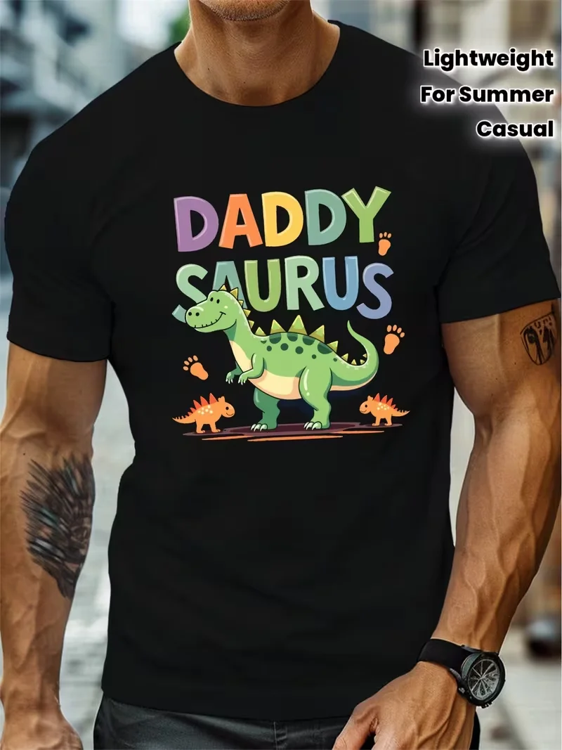 Cartoon Dinosaur with Colorful Text Print, Men's Round Crew Neck Short Sleeve Tee T-Shirt Casual Comfy Lightweight Top Summer