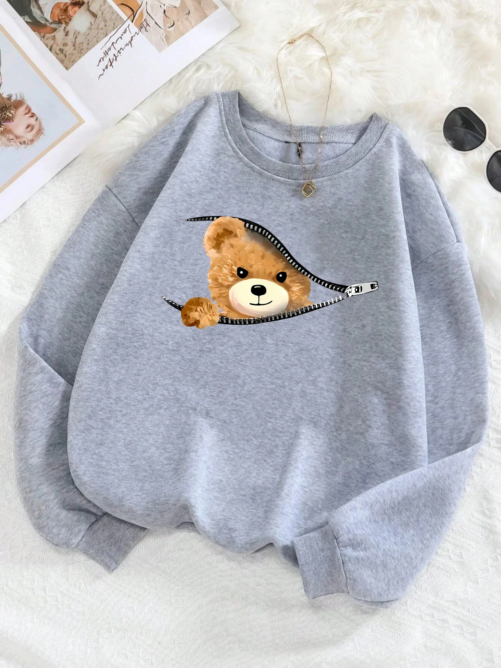 Fashion Women\'s Sweatshirt Kawaii Zipper Bear Prints Pullover Loose Crewneck Warm Fleece Hoodie Autumn Winter Female Streetwear