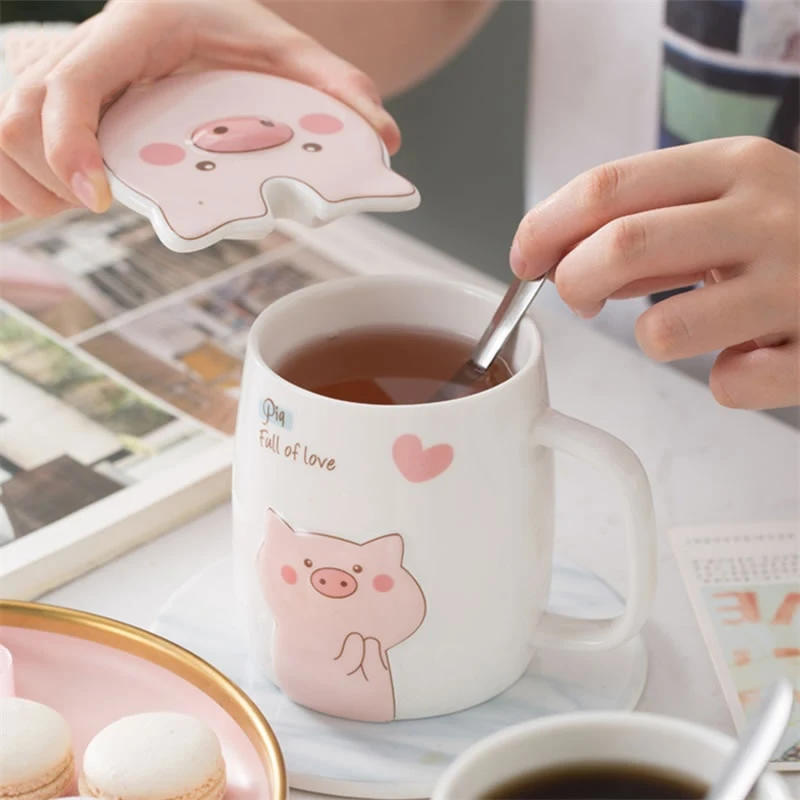 

500mL Ceramics Cute Pig Mug with Lid Spoon Coffee Milk Tea Cup Water Drinking Glasses Tumbler Creative Gift Drinkware