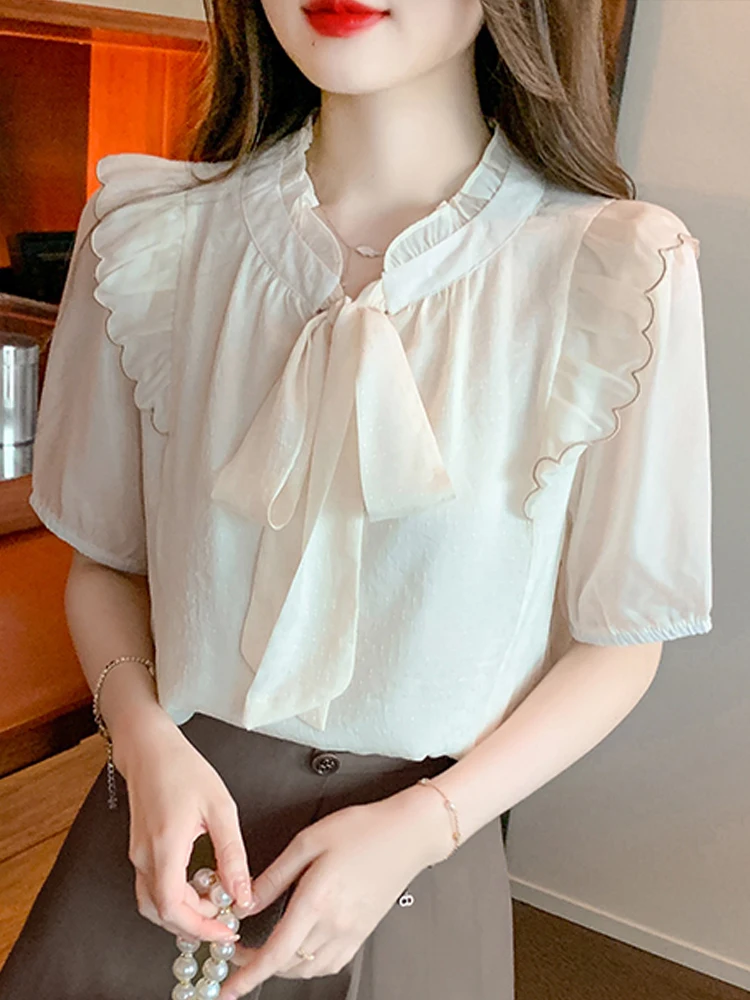 

Summer Women Tops Short Sleeve Blouse Women Blusas Mujer De Moda 2024Verano Bow Collar Ruffles White Chiffon Blouse Shirt G530