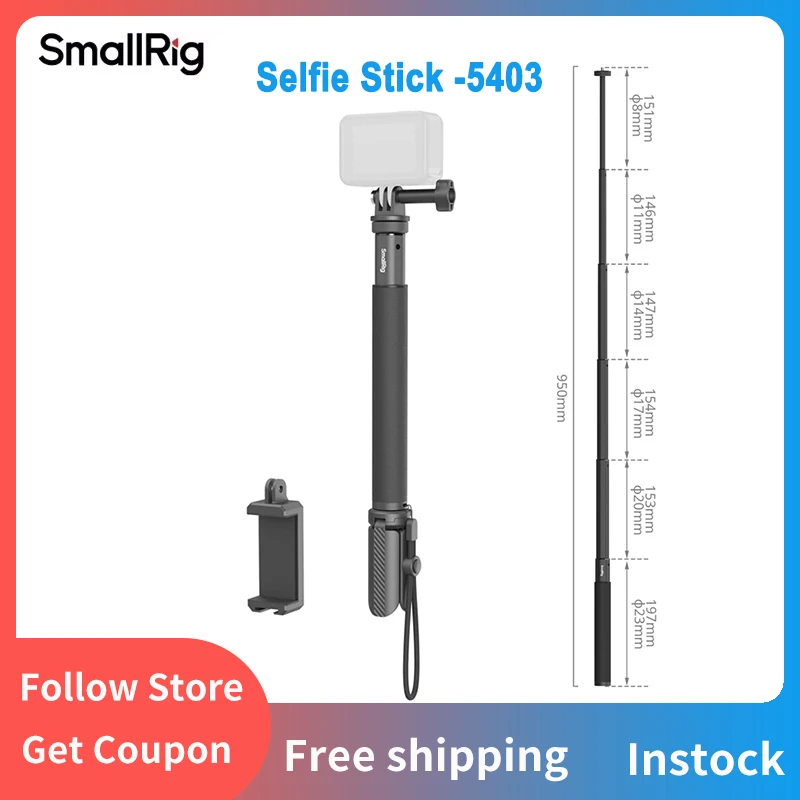 

SmallRig Selfie Stick for Action Cameras with Smartphone Clamp for DJI Action 3 iPhone Android Phones with Wrist Strap -5403