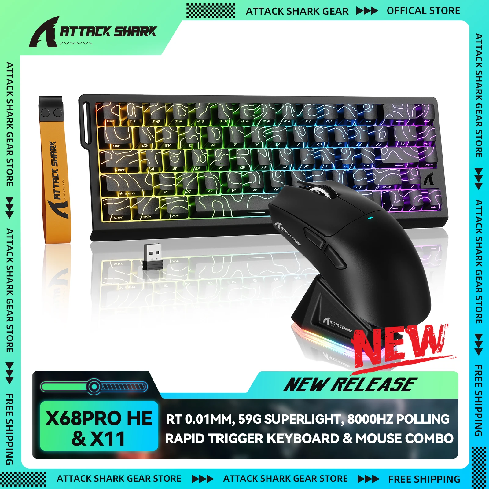

Комбинированная игровая клавиатура и мышь ATTACK SHARK X68PRO HE & X11 Rapid Trigger, клавиатура RGB 8000 Гц, беспроводная сверхлегкая мышь 63 г