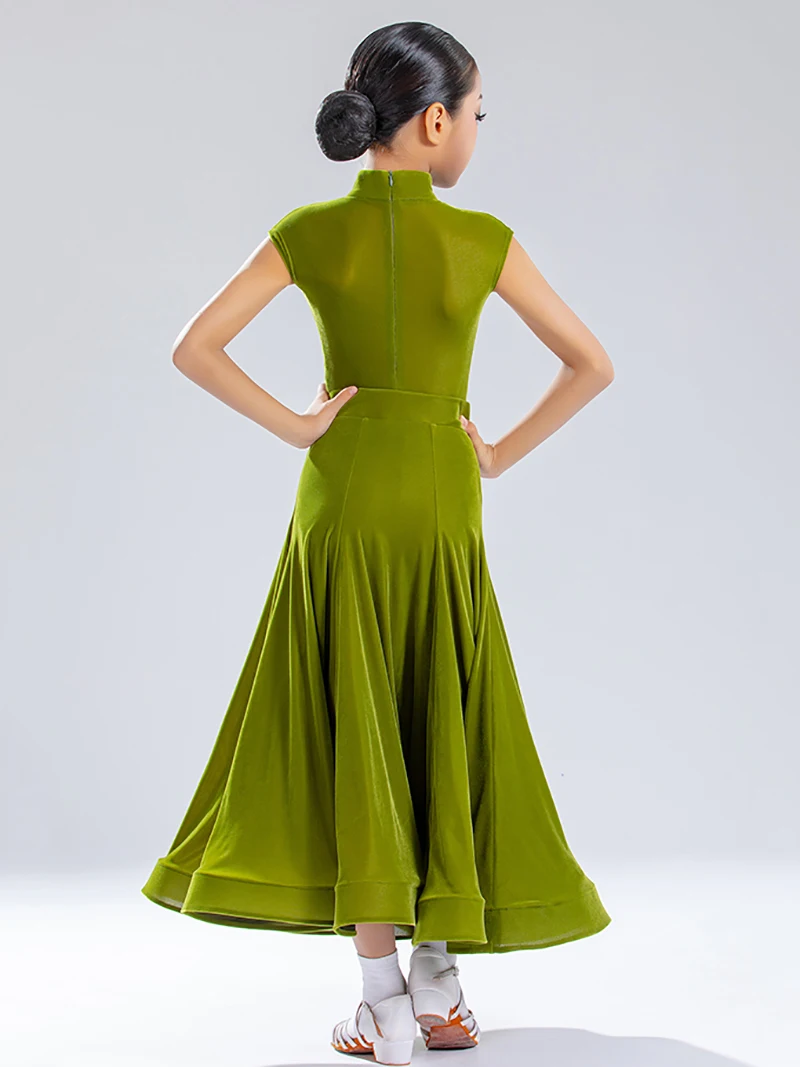 Verde bambini ragazze velluto avvolto spalla manica body lisca di pesce gonna grande abbigliamento da ballo latino abiti da competizione di ballo da sala