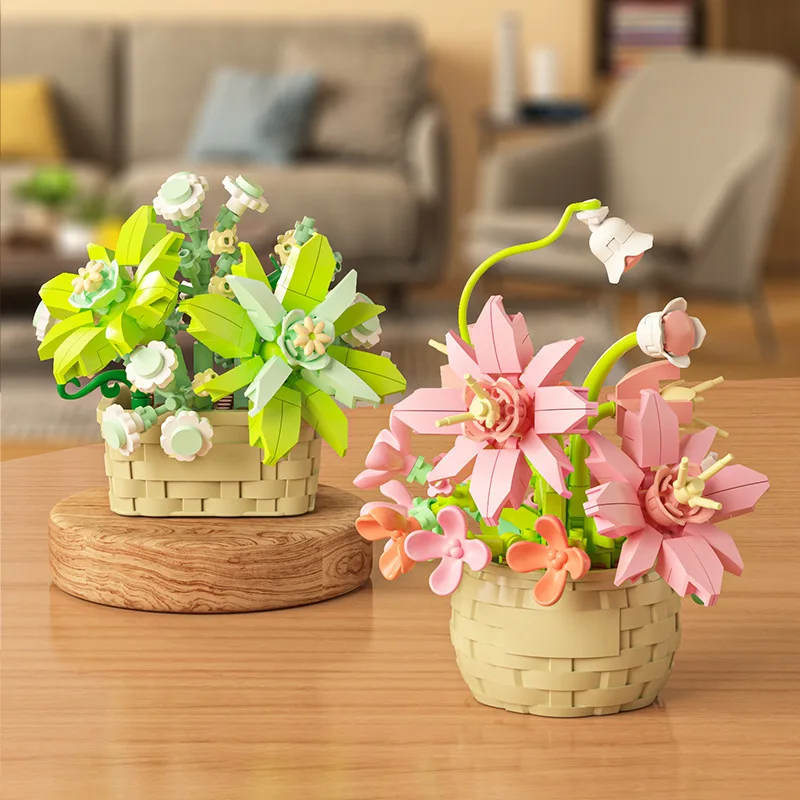 Flower Bouquet Building Blocks Succulents Artificial Basket Kit Bonsai Garden Micro Bricks DIY Potted Plants Model Toys For Kids