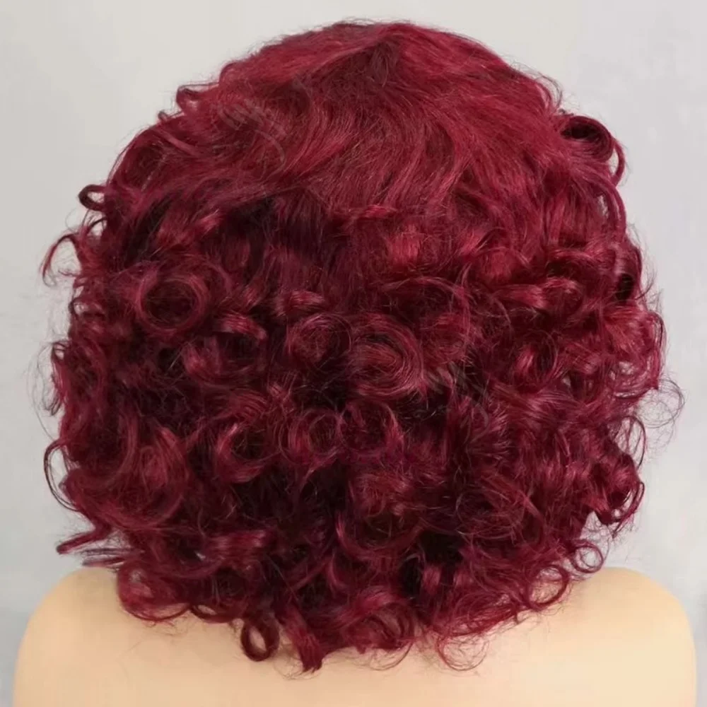 99J Burgunder Fumi Lockige Bob-Perücke, Federnde Pixie-Cut-Perücke mit Highlights, Vollmaschinell Gefertigte Eierlocken, Lockige Echthaar-Perücken für Frauen mit Pony – Detail 5