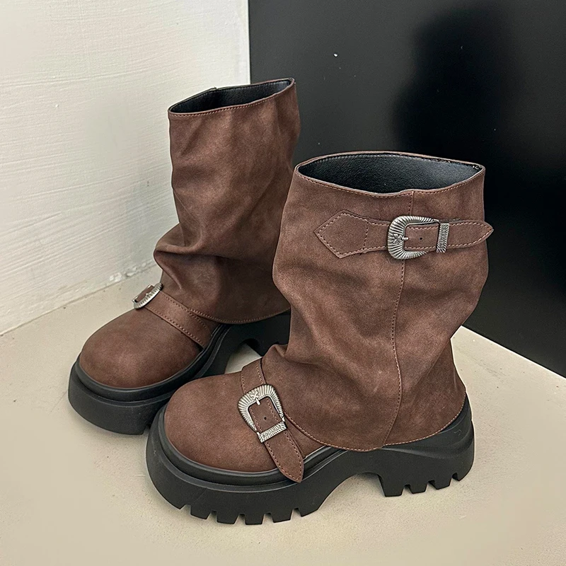 

Mid Calf Boots for Women Designer Flats Platform Shoes Winter Non Slip Motorcycle Boots 2025 Trend Casual Chelsea Botas Mujer