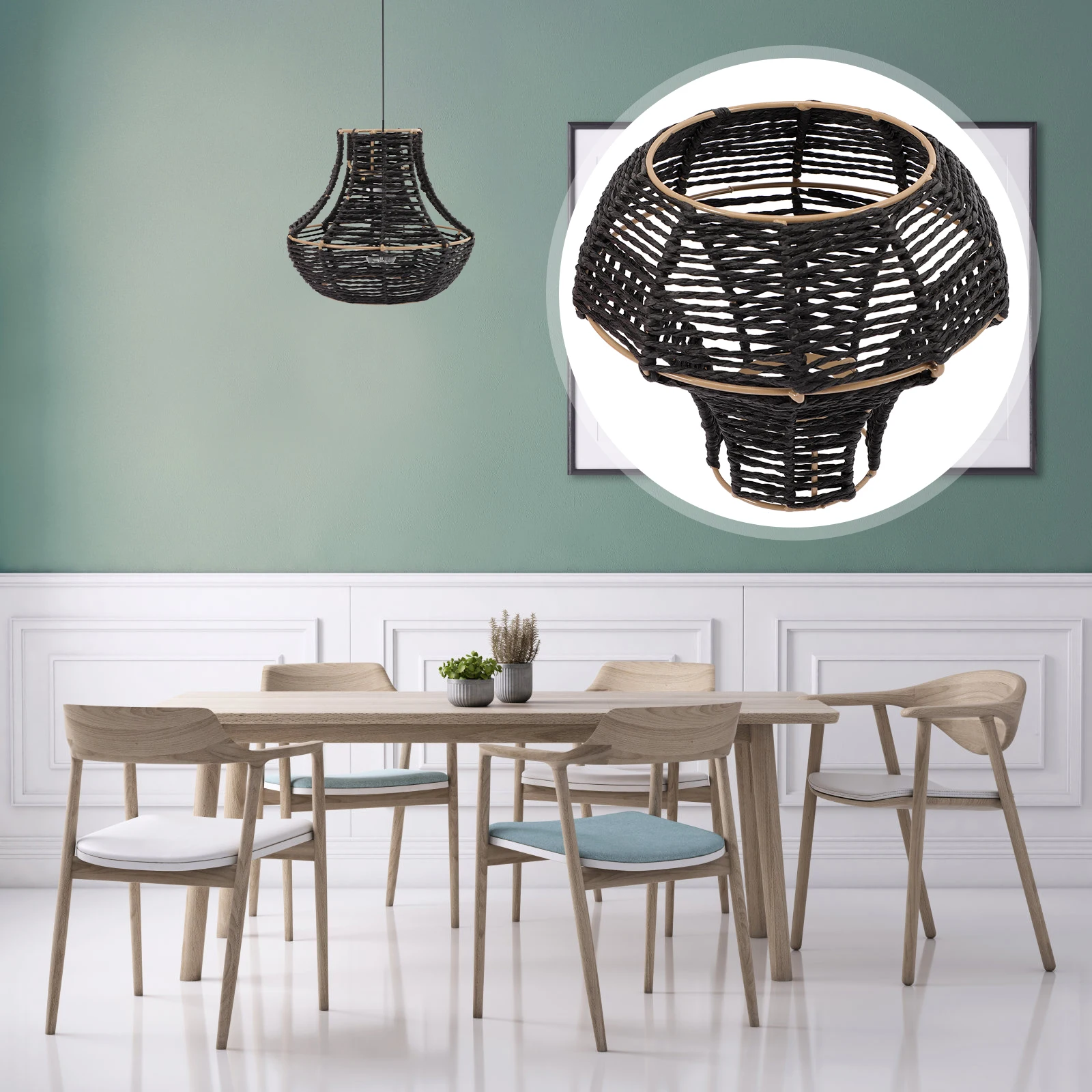 

Imitation Rattan Lampshade Black Woven Pendant Light Fixture Decorative Globe Durable Easy Install Bedroom Study Room