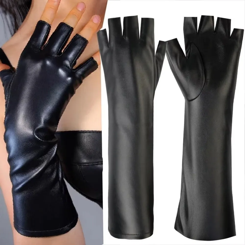 New Winter Warm Long Gloves Black Leather Fingerless Gloves Windproof Fleece Lined Women Gloves Outdoor