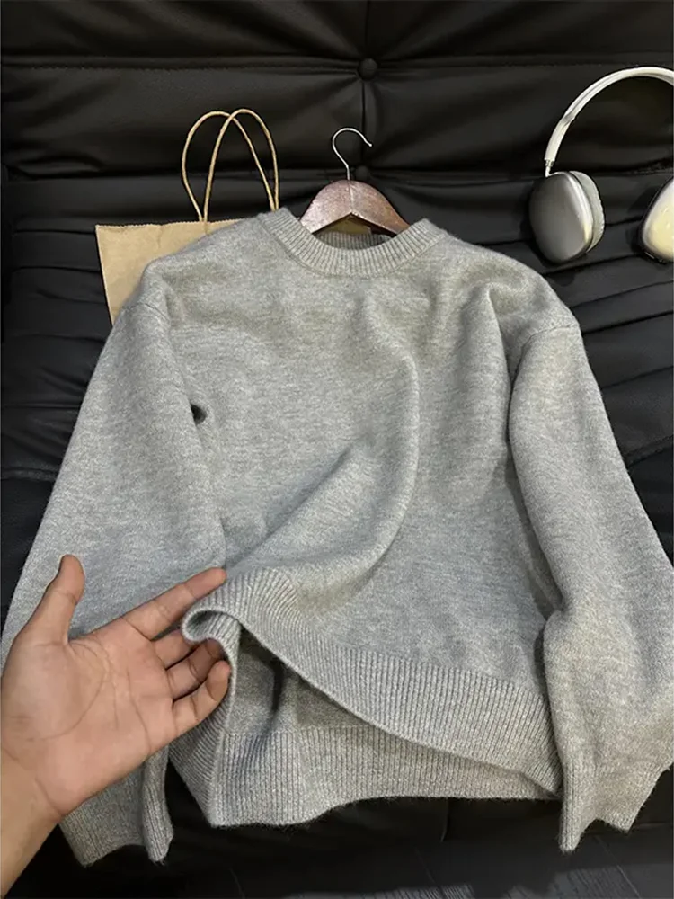 

Light ey round Ne Knitwear Men's Sle Autumn Winter High End Feeling Base Layer Couple's Sweater Cleanfit Urban Faion