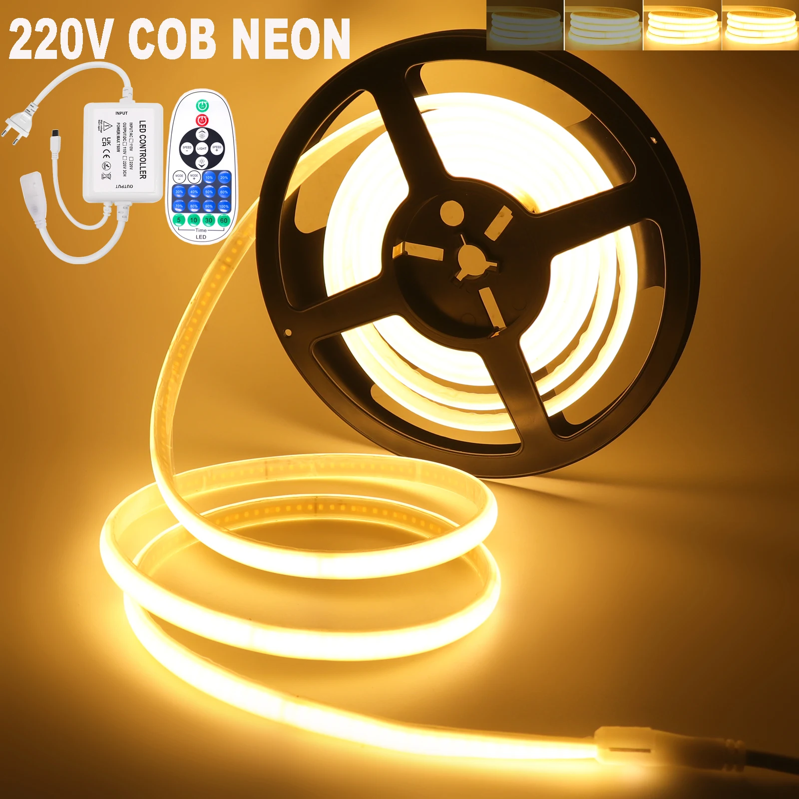 Dimmable 220V COB LED Neon Strip Light With Adhesive Tape Remote Control 240LEDs/M Waterproof Neon Light Strip Flexible Ribbon