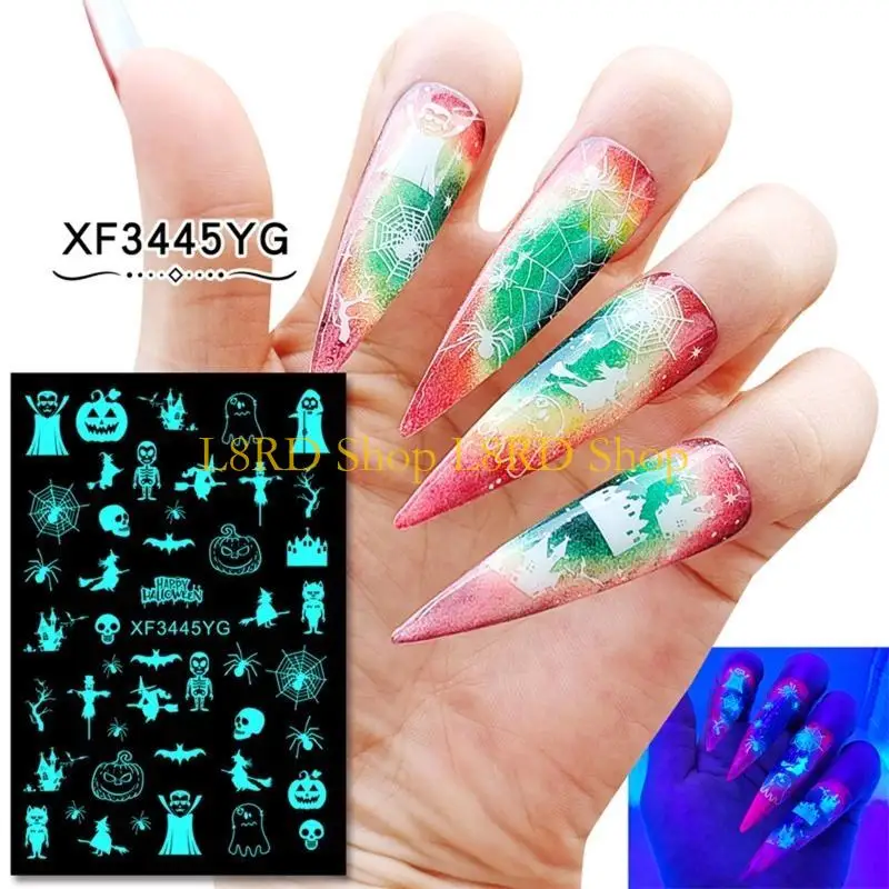 L8RD Adesivo per unghie luminoso Halloween da 12 fogli Adesivi fluorescenti che illuminano buio