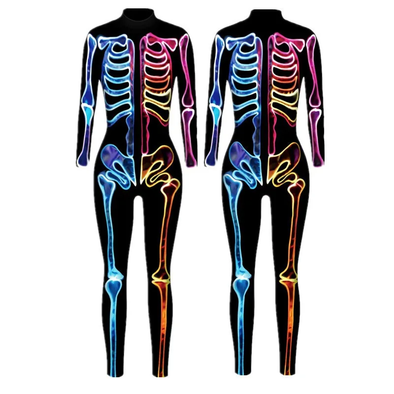 Carnival Party Scary Skeleton Jumpsuit Costume For Women Funny 3D Printed Zentai Romper Cosplay Halloween Outfit Role Jugar