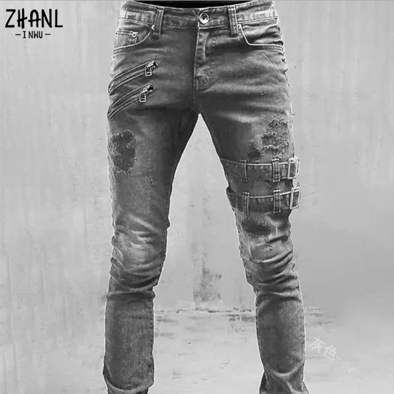 Plus Size Straight Jeans Man Pants Spring Summer Boyfriend Jeans Streetwear Skinny Zips 3 Colors Cacual Long Denim Trousers