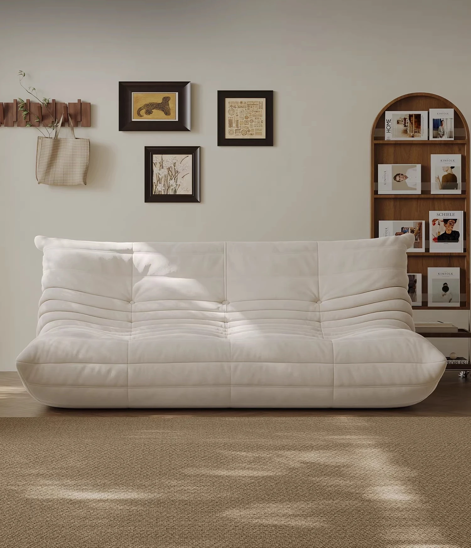 

Wabi sand wind Internet celebrity caterpillar double sofa small apartment living room straight row white matte cloth lazy sofa