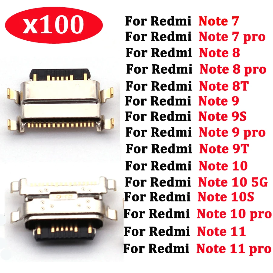 Conector do porto de carregamento do Usb para a nota 11 do redmi do xiaomi, 10s, 9s, 9t, 8, 8t, 7 pro, 4g, 5g, 100pcs