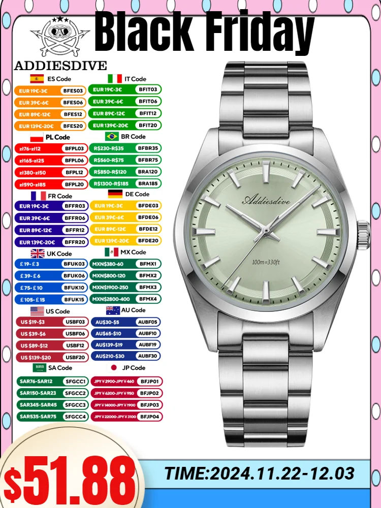 ADDIESDIVE 36mm zegarki dla mężczyzn Reloj Hombre BGW9 Luminous 10Bar wodoodporny zegarek kwarcowy ze stali nierdzewnej 316L VH31