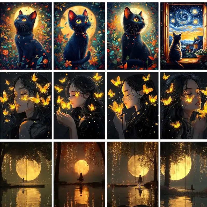 

GATYZTORY Acrylic Painting By Numbers On Canvas Paint Kit Moon Animals Landscape Coloring On Numbers Handpainted Wall Decor Gift