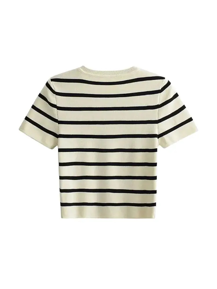 Femmes mode rayé basique recadrée tricot pull Vintage col rond manches courtes femme pulls Chic hauts