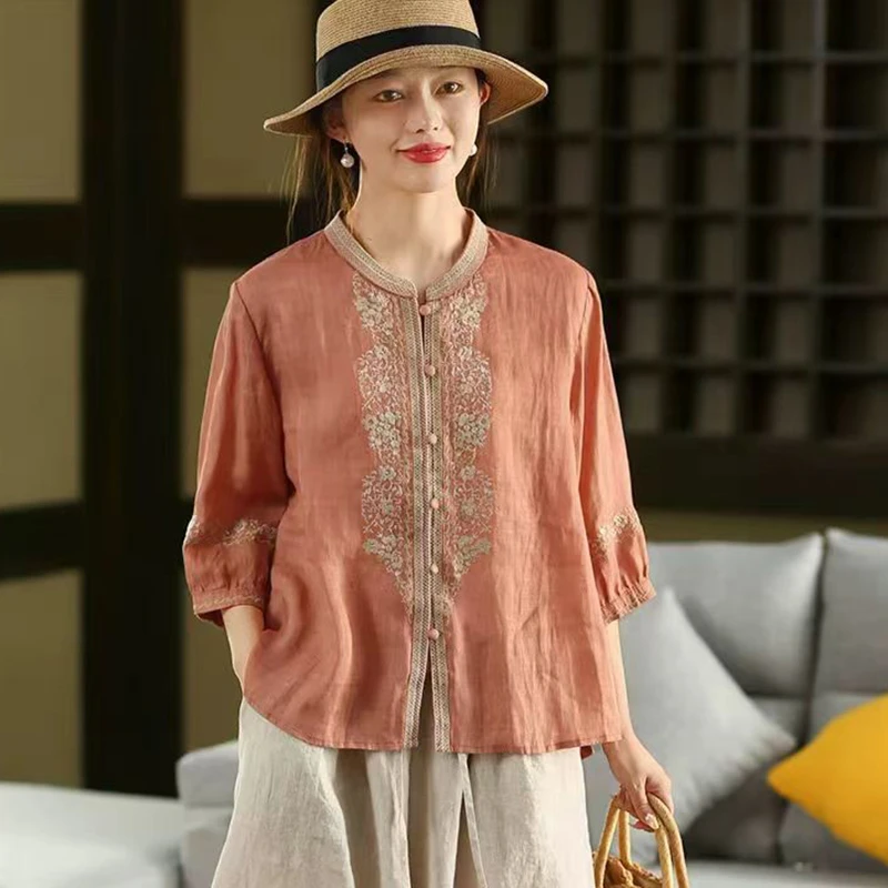 

100% Linen Women Casual Shirt New 2025 Summer Vintage Style Stand Collar Floral Embroidery Loose Female Tops Shirts M1593