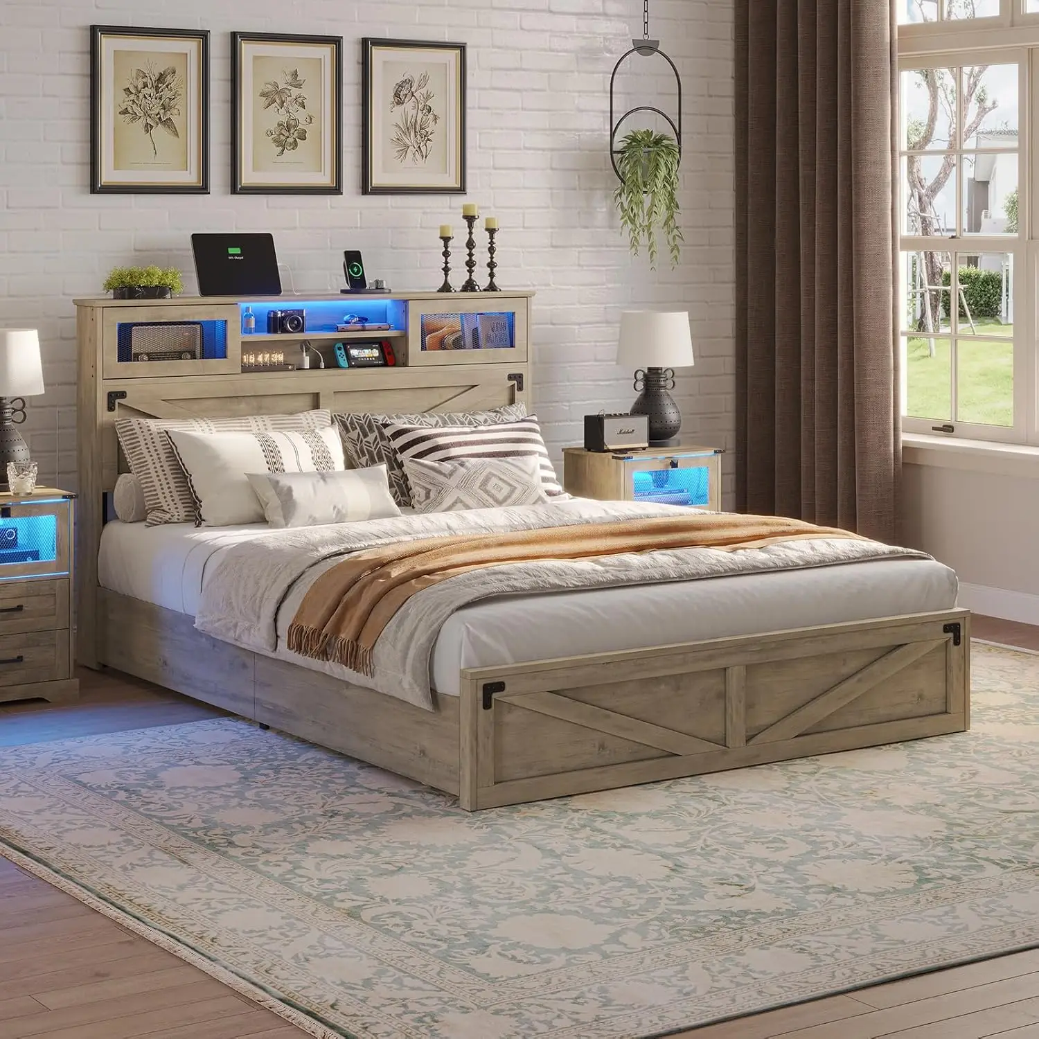 Farmhouse Bed Frame Queen Size with Bookcase Headboard and 2 Drawers, Wooden Platform Queen Bed with LED Lights and Charging Sta