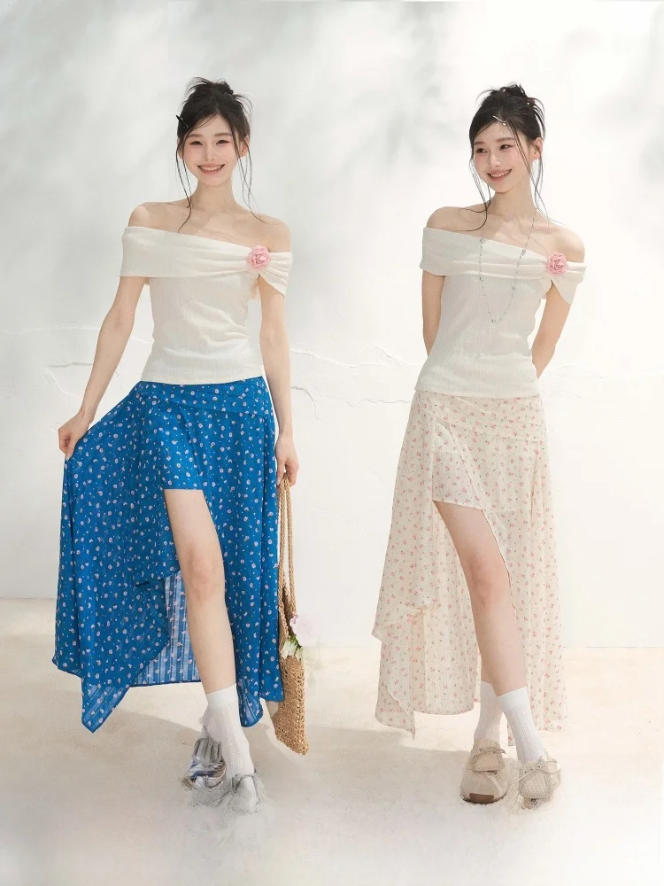 

ELEVEN SP Summer One-Shoulder Commute Slim Fit Short Sleeve Korean Style Women's T-Shirt Skirt Set High Waist Knitted Dress