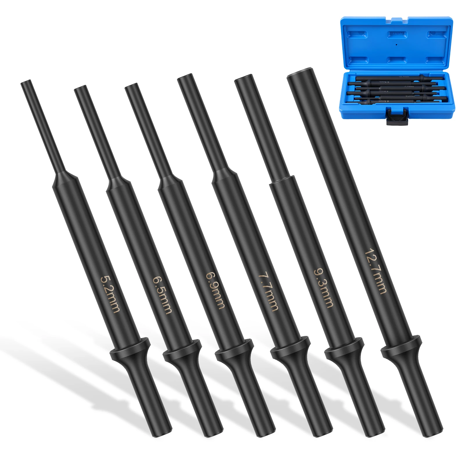 6Pcs Pneumatic Air Hammer Pin Punch Set 7 Inch Long Extended Drift Punch Bits with Storage Case for Automotive Bushing Bolt DIY