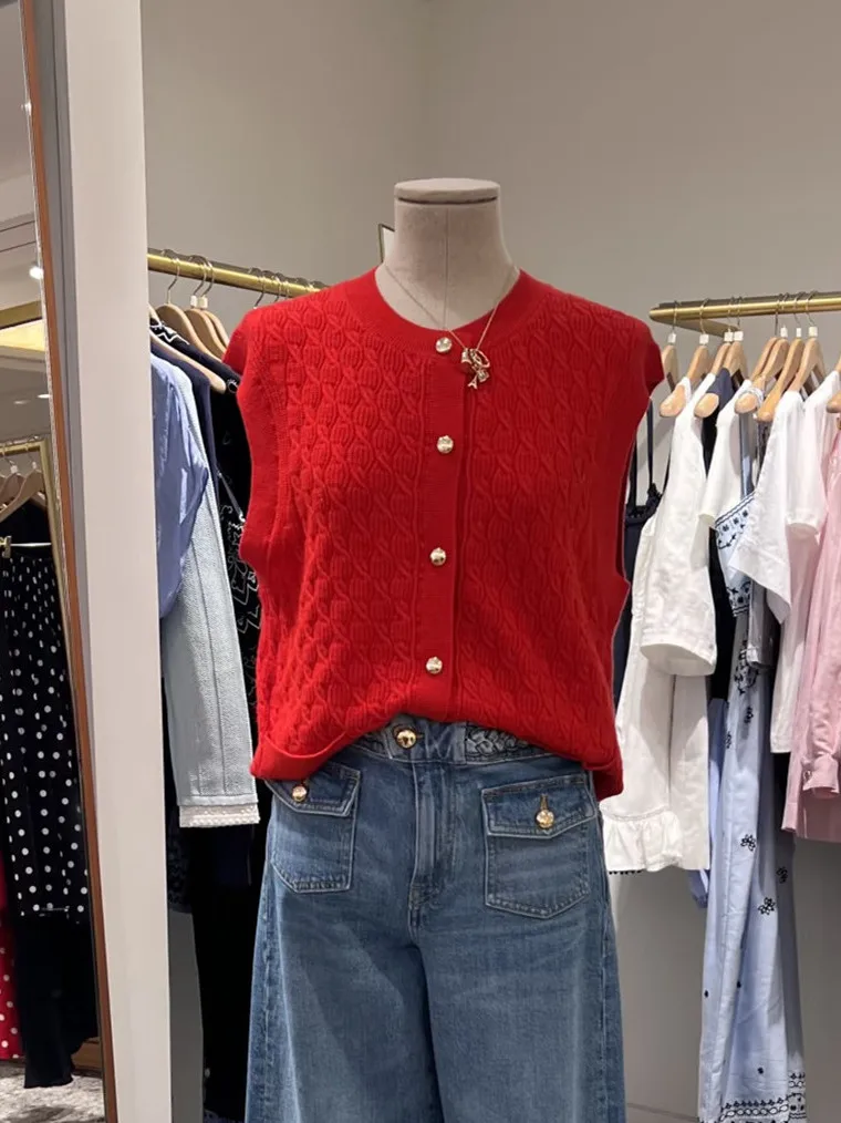 High-End Version Gold Button round Neck Knitted Casual Sleeveless Top Vest European Style Fashion Small Circulation